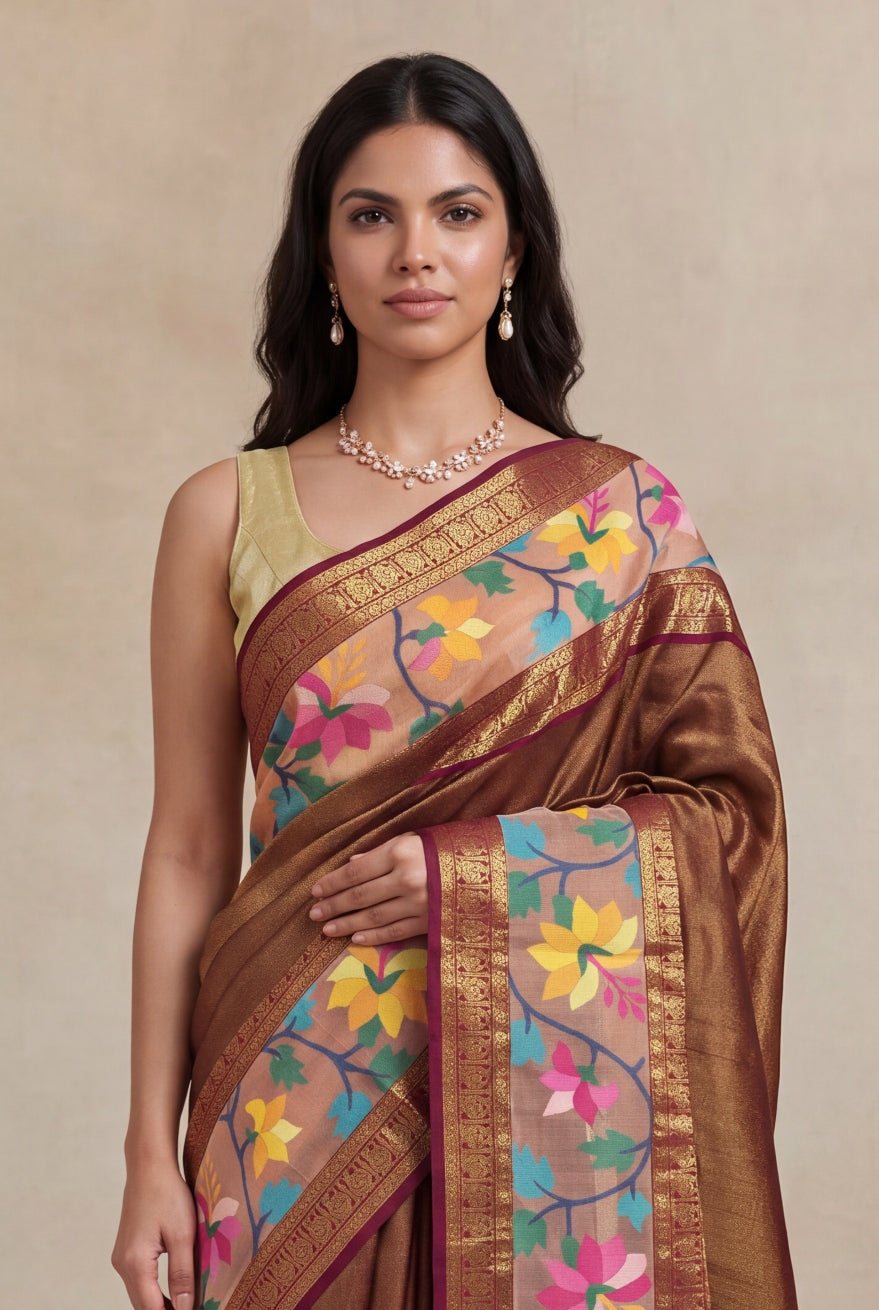 Maroon Kanchivaram Silk Fusion Saree