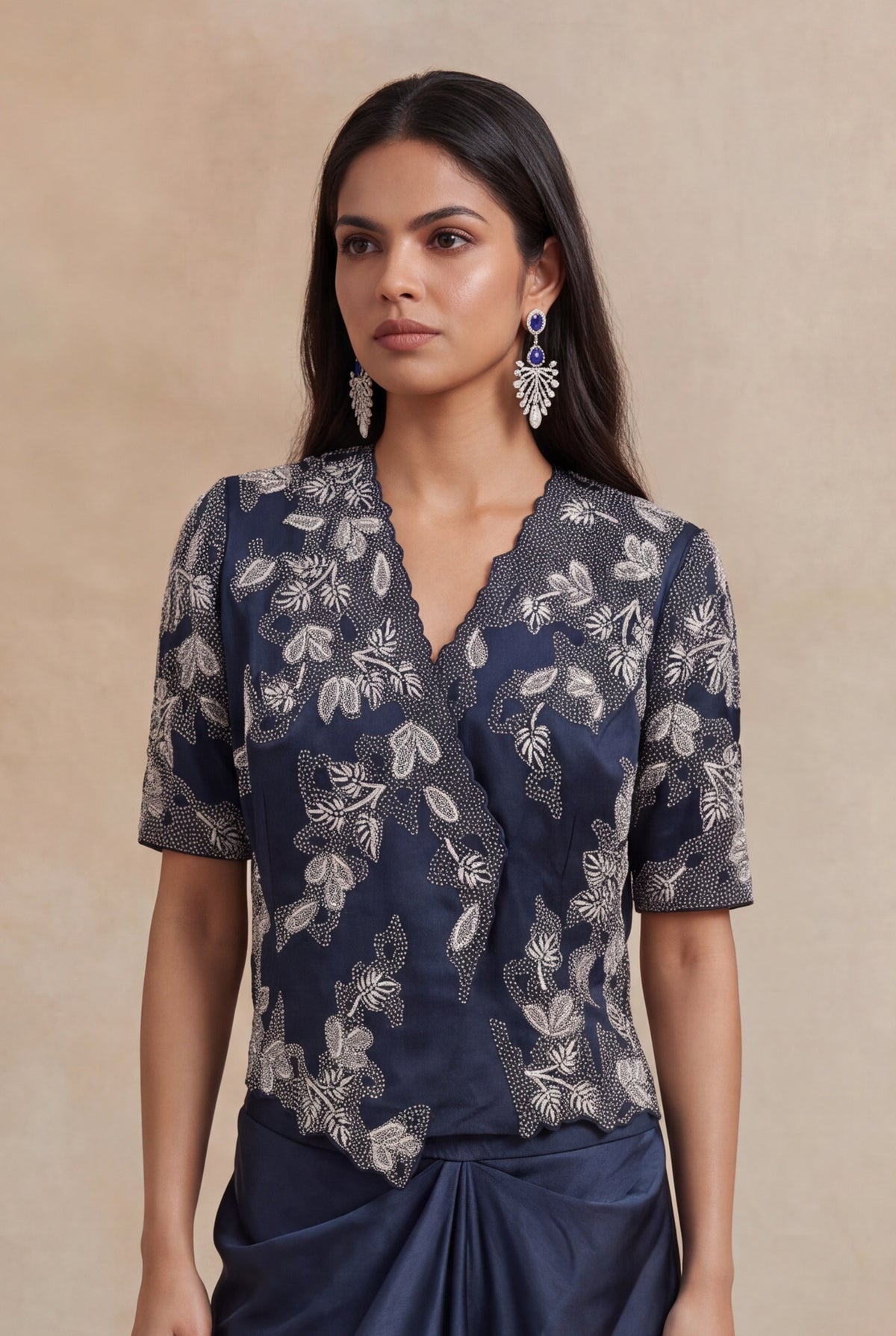 Navy Blue Satin Silk Indo-Western Set