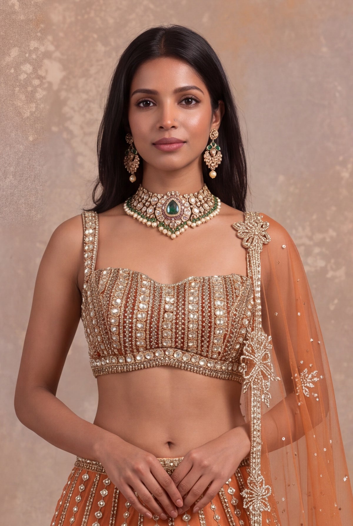 Gold Orange Tissue Lehenga Set with Sequin and Stone Work