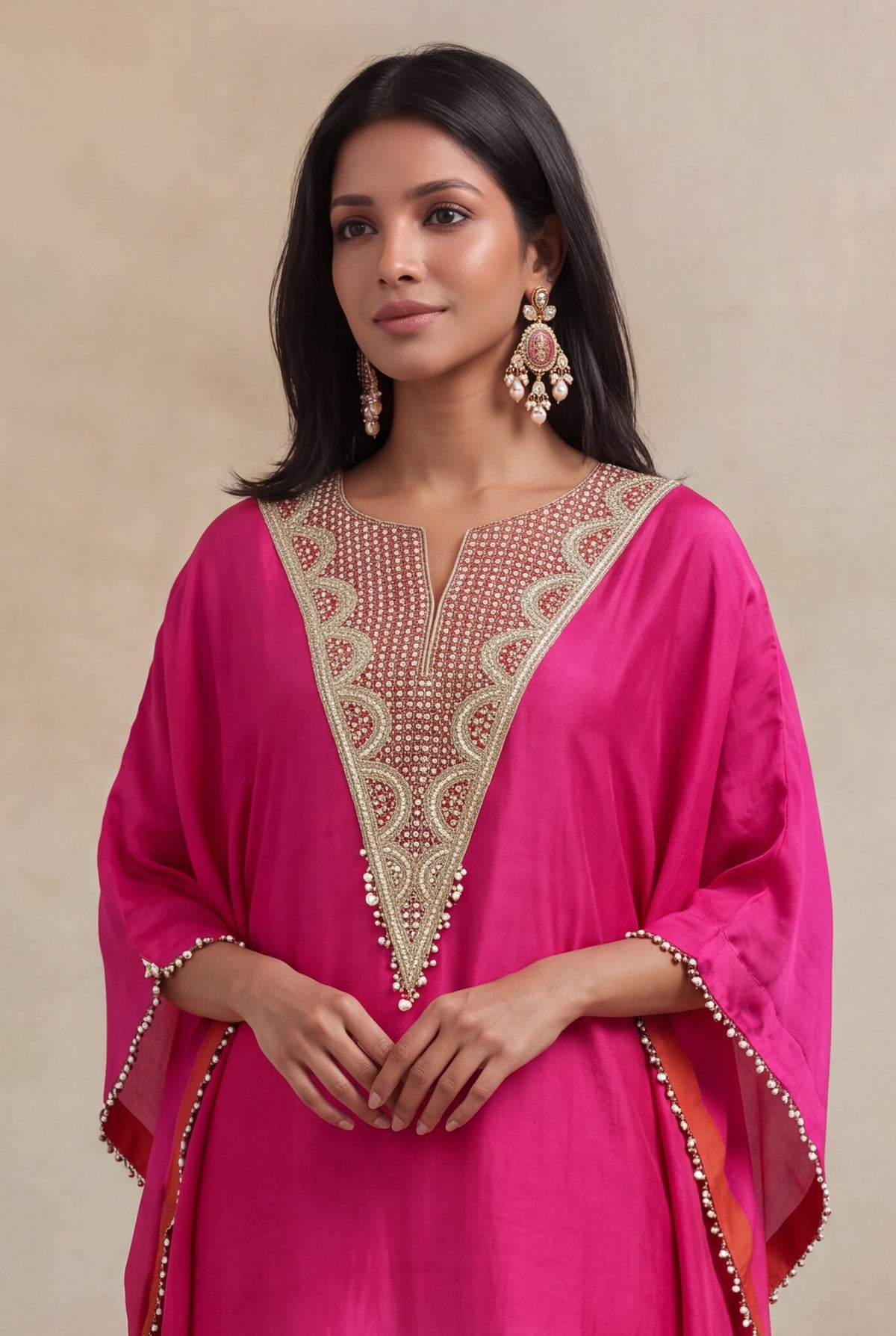 Pink & Orange Raw Silk Embellished Kaftan Set