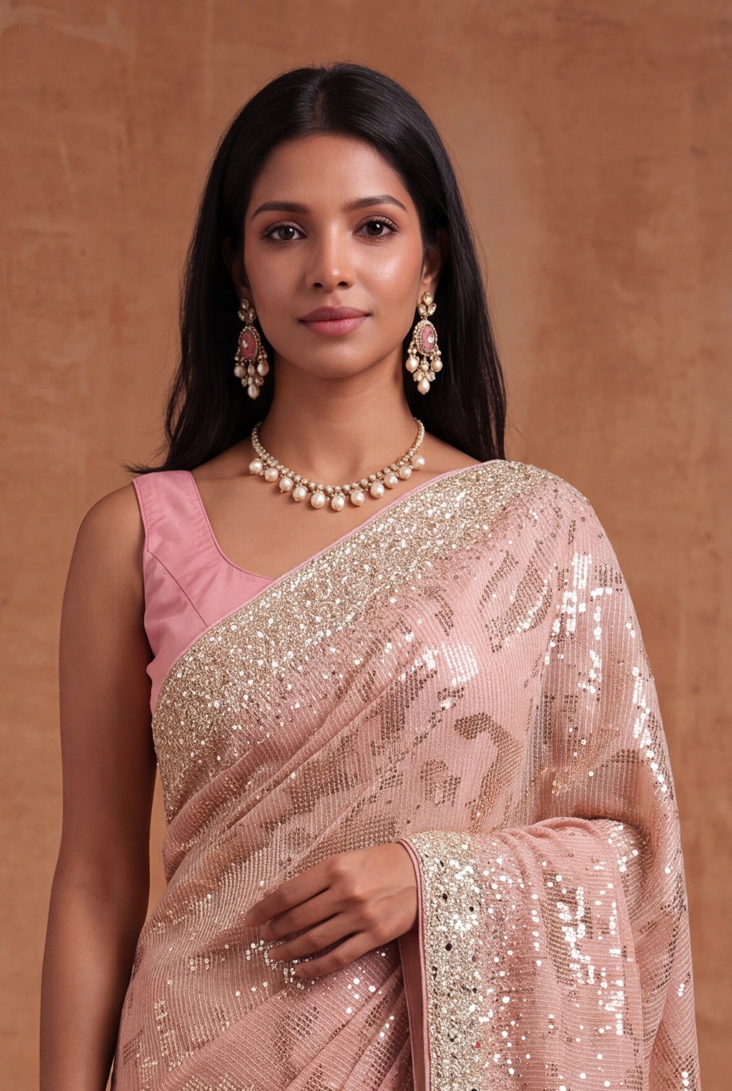 Peach Georgette Saree with Sequin & Mirror Work