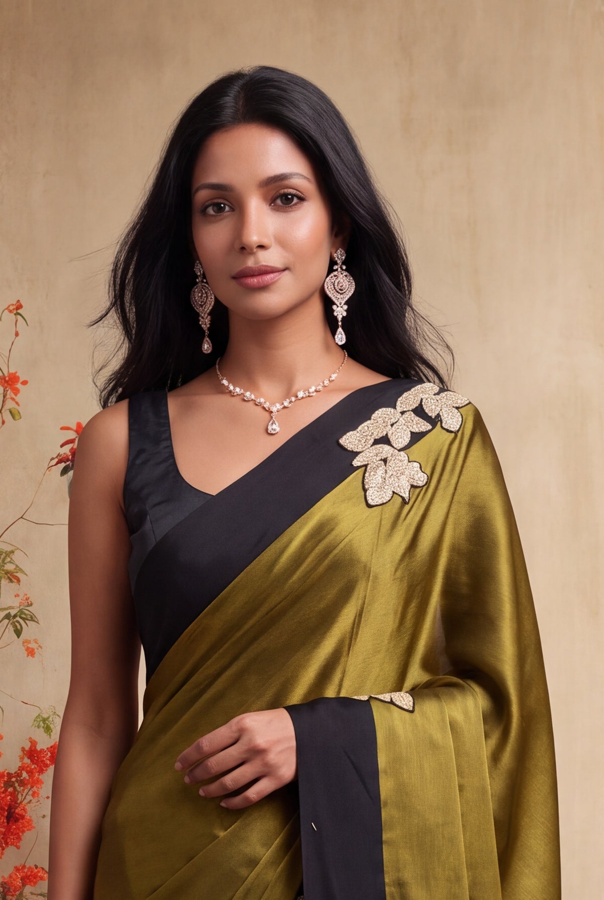 Olive Green Crepe Silk Saree