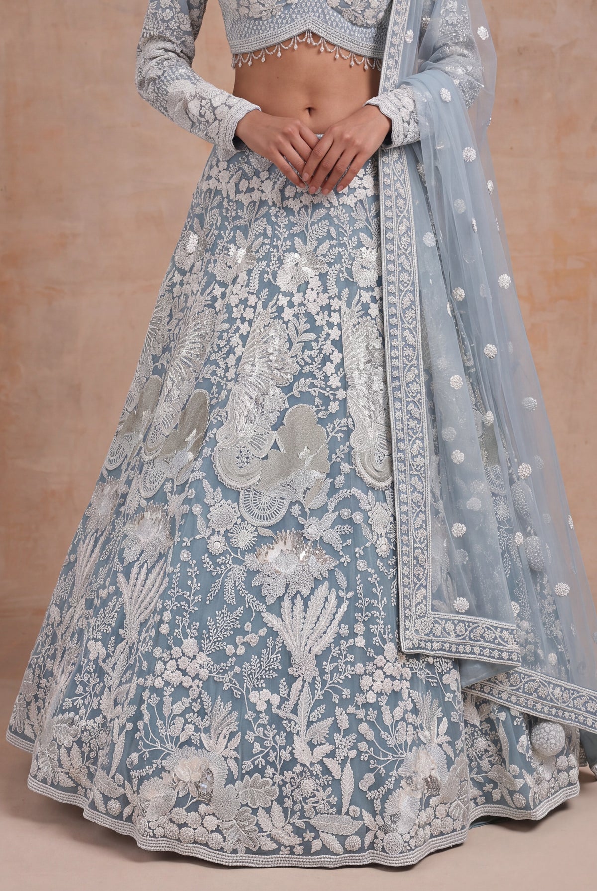 Sky Blue Net Lehenga with White Sequin and Pearl Work