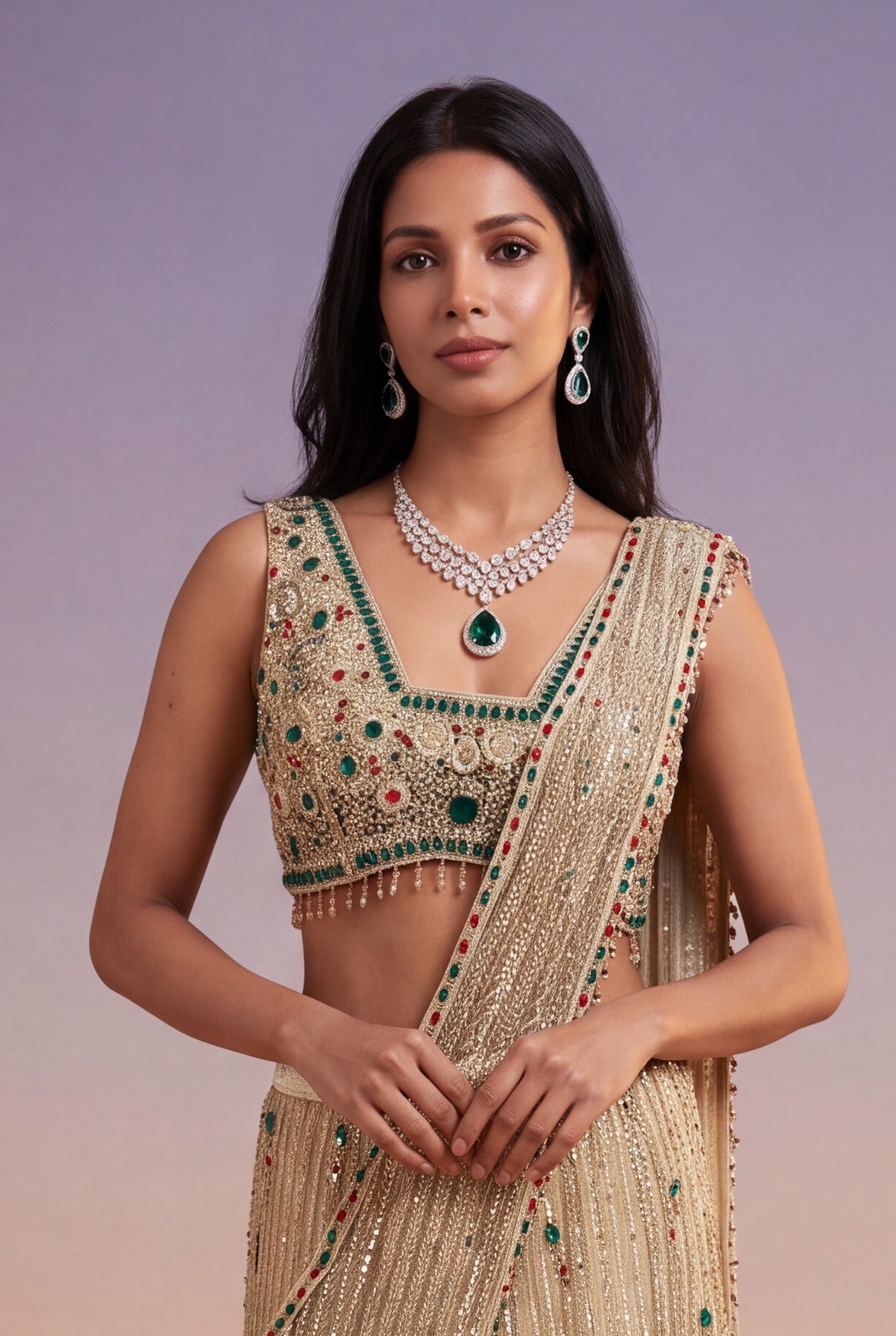 Gold Net Mermaid Lehenga with Jewel-Stone & Kutdana Embroidery