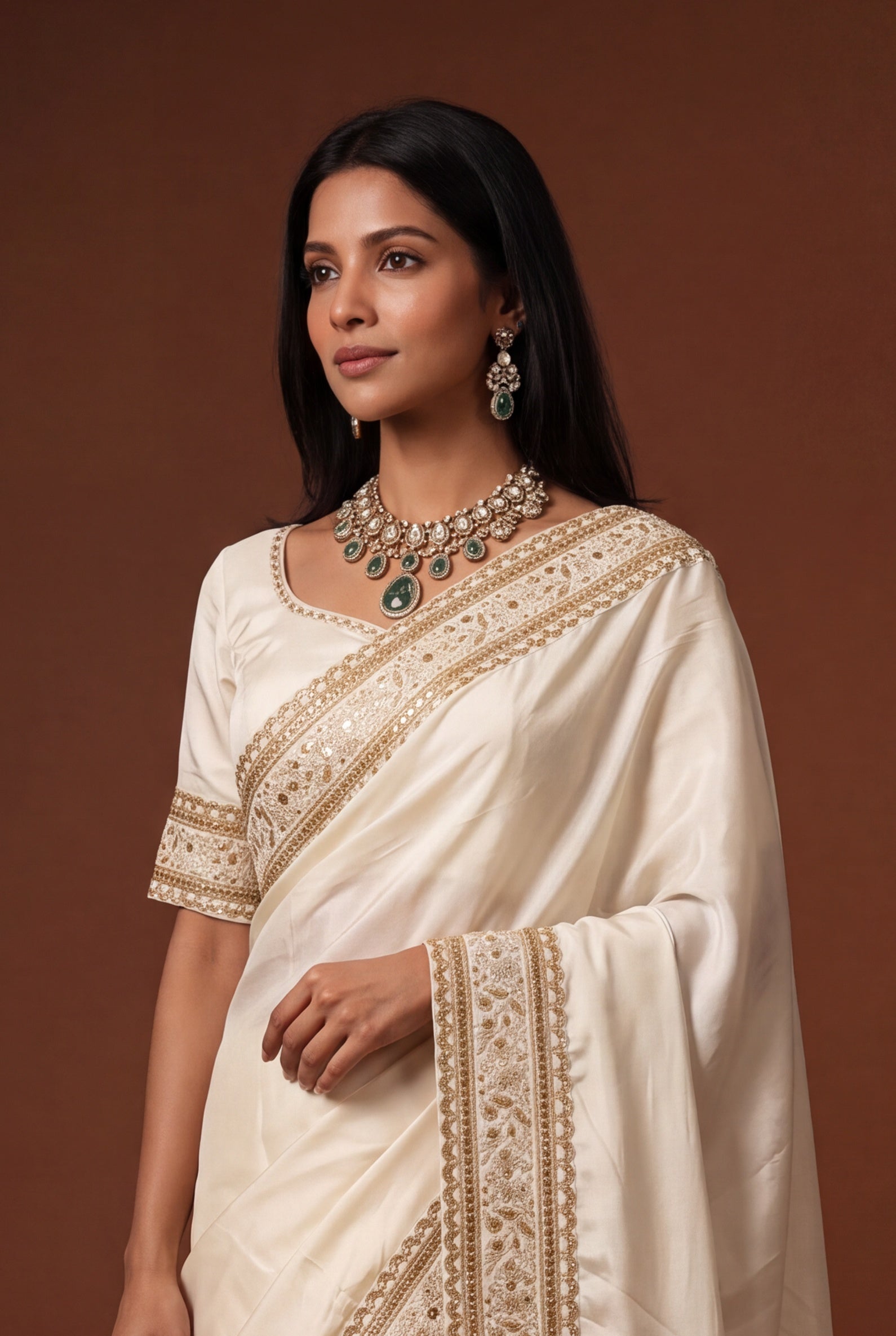 Ivory Satin Saree with Gold Sequin Embroidery