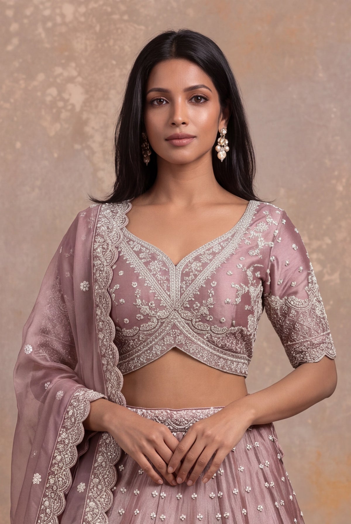 Dusty Rose Shimmer Organza Embroidered Lehenga