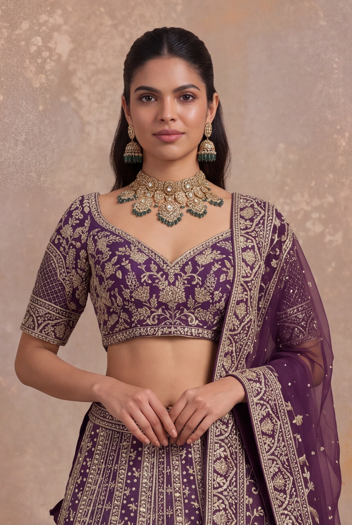 Plum Raw Silk Lehenga Set with Zardozi Embroidery