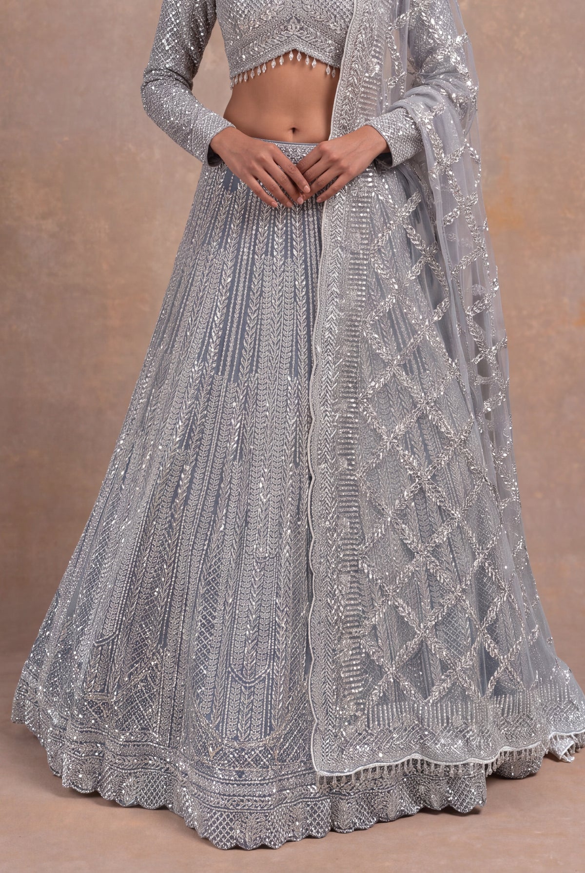 Ice Blue Net Sequin & Stone Embellished Lehenga Set