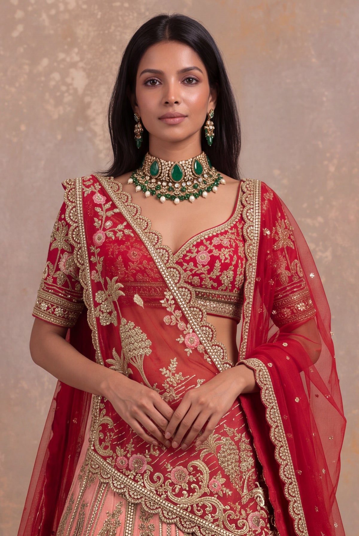 Red & Peach Silk Bridal Lehenga
