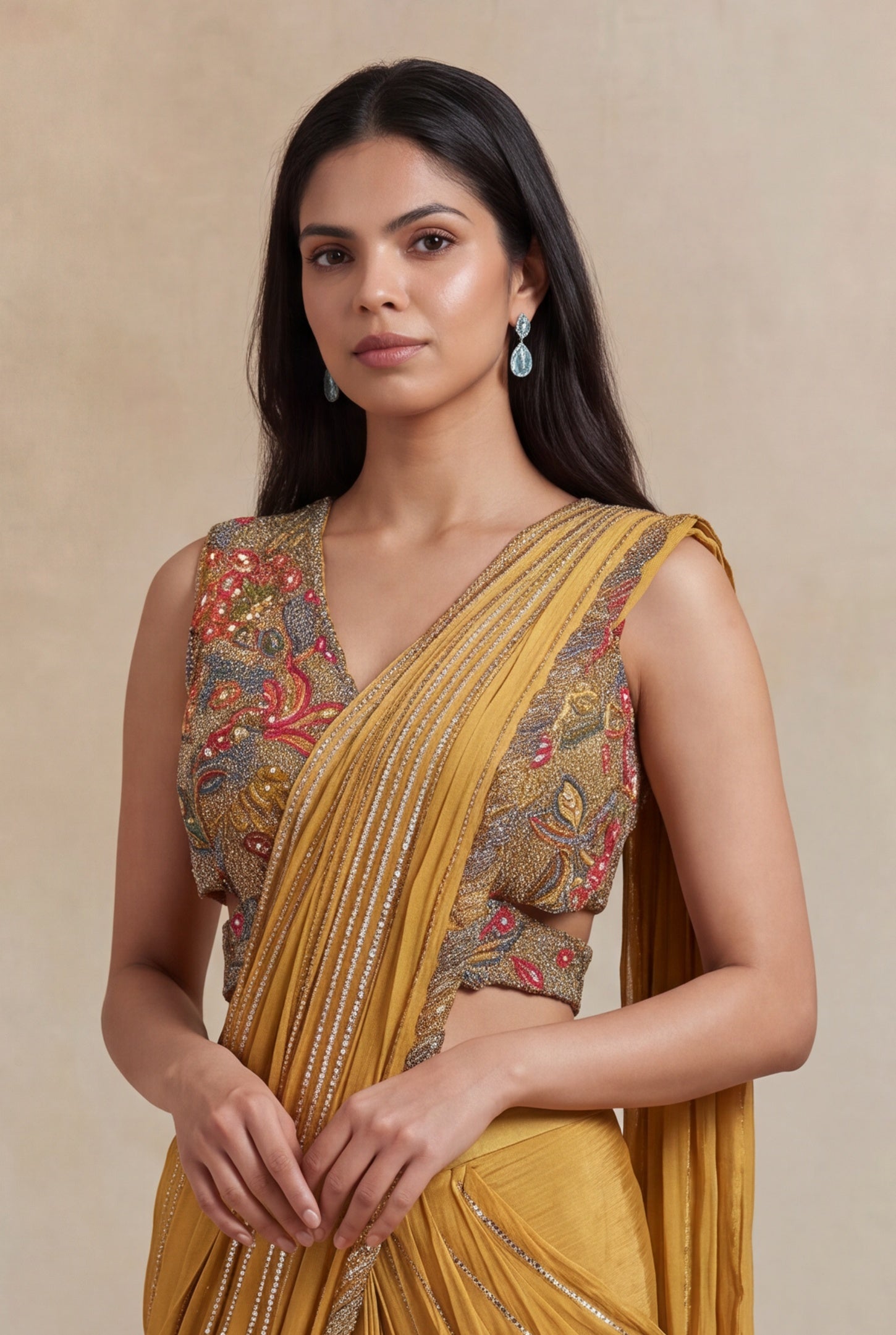 Mustard Yellow Draped Saree with Metallic Embroidered Blouse