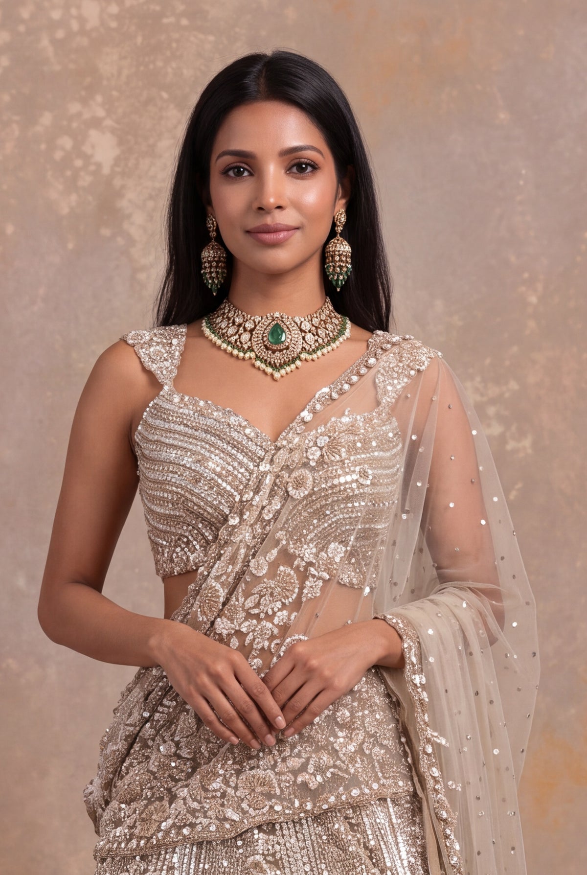 Beige Gold Net Lehenga with Sequin and Bead Embroidery
