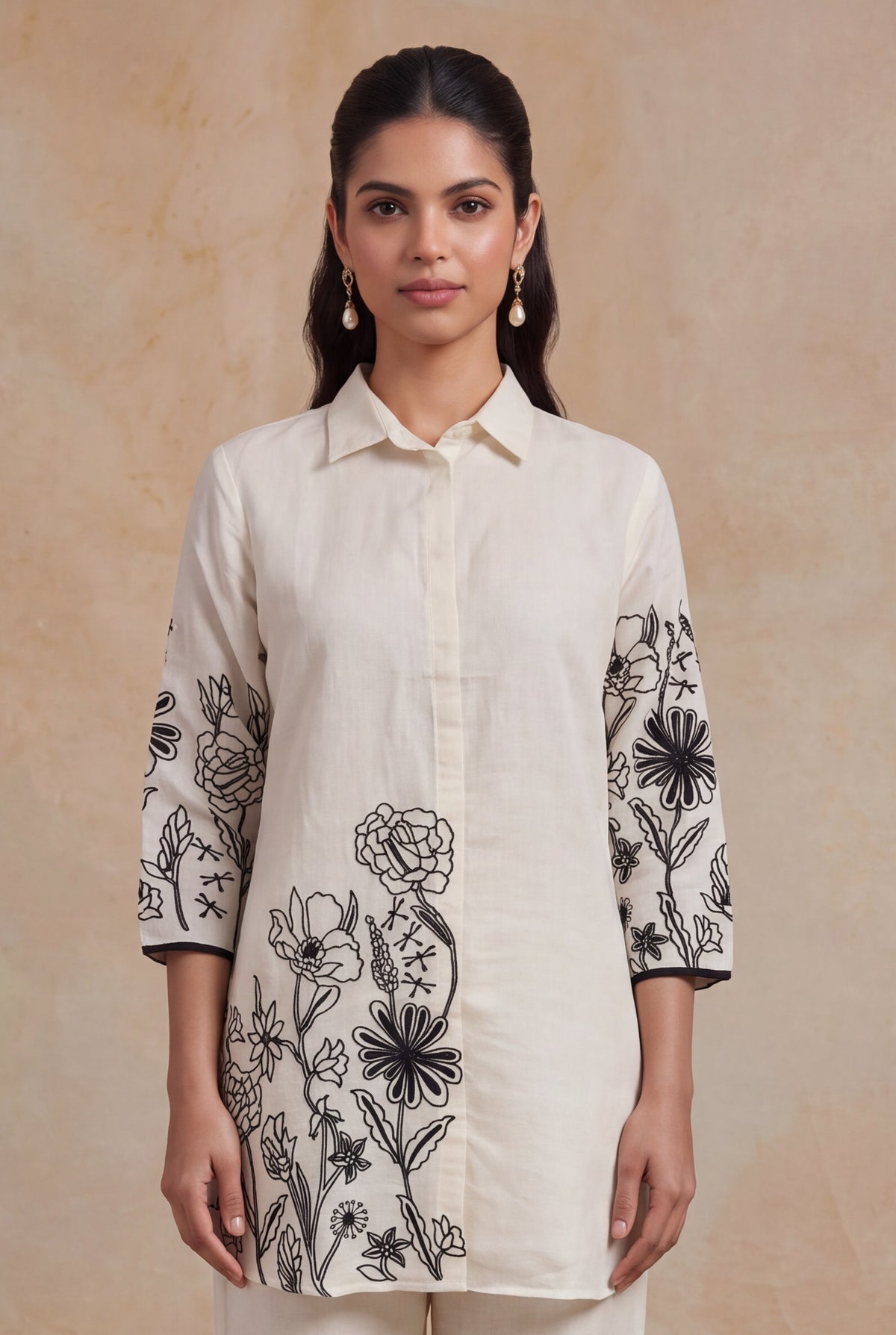 Ivory Chanderi Cotton Floral Embroidered Co-ord Set