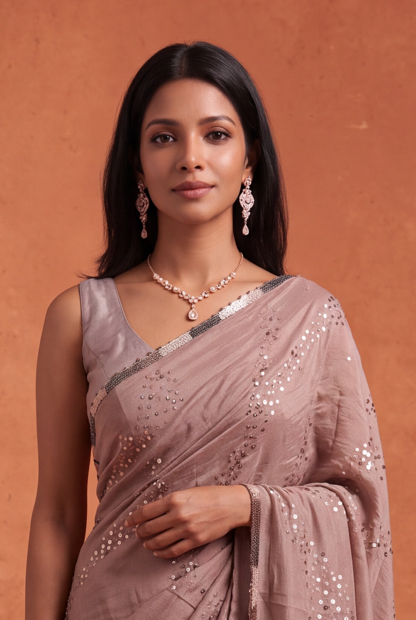 Brown Crush Crepe Saree with Sequin Work