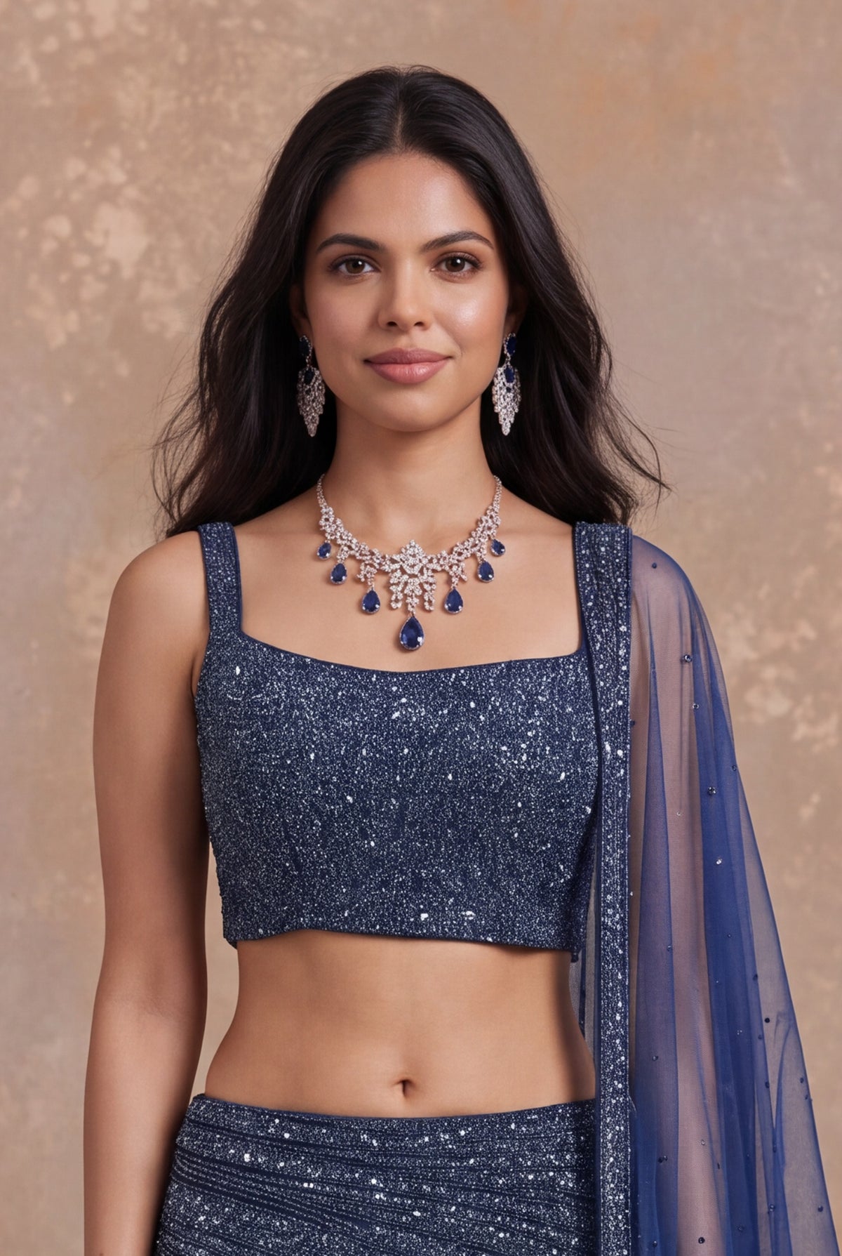 Navy Blue Fish Cut Net Lehenga