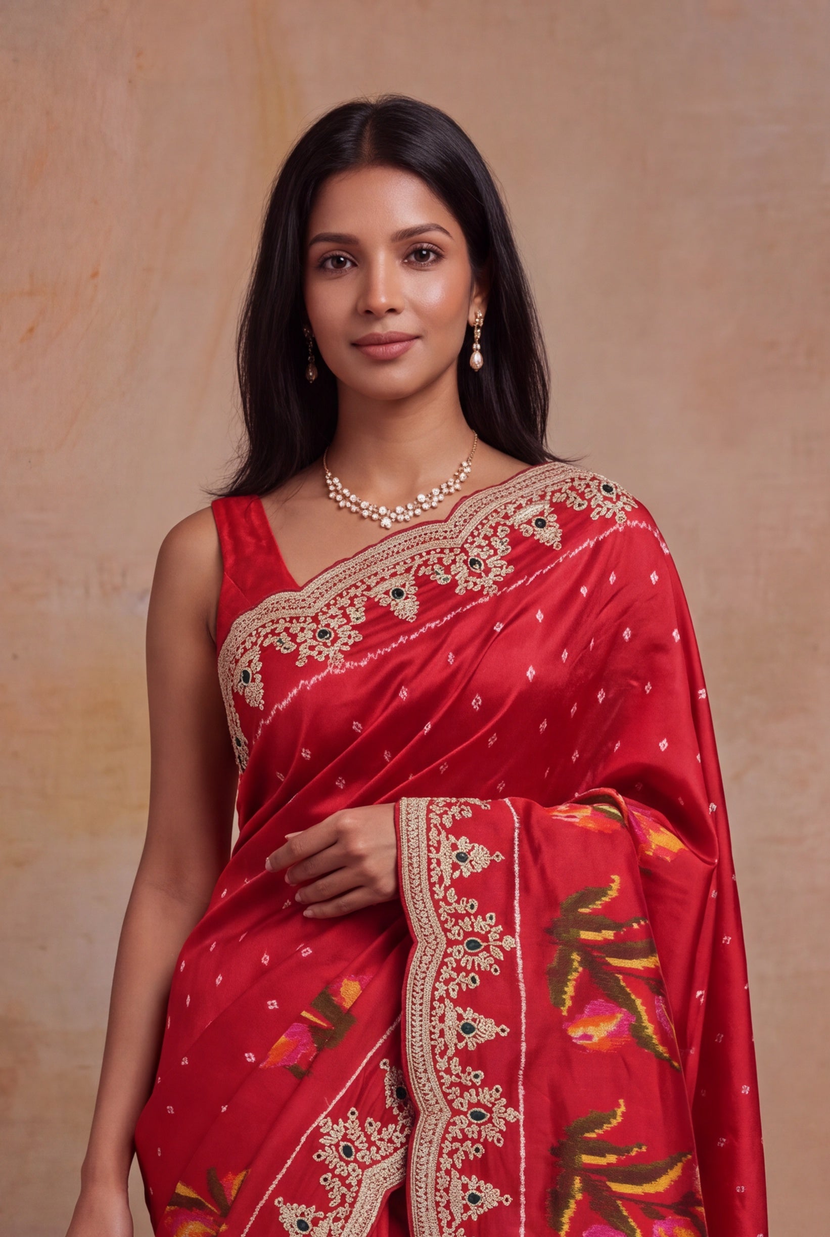 Red Twill Silk Zardosi Border Saree
