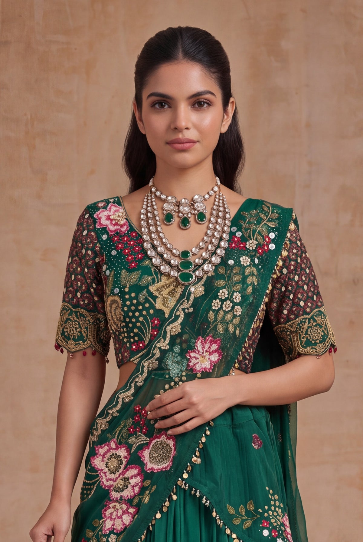 Emerald Green Draped Silk Lehenga set