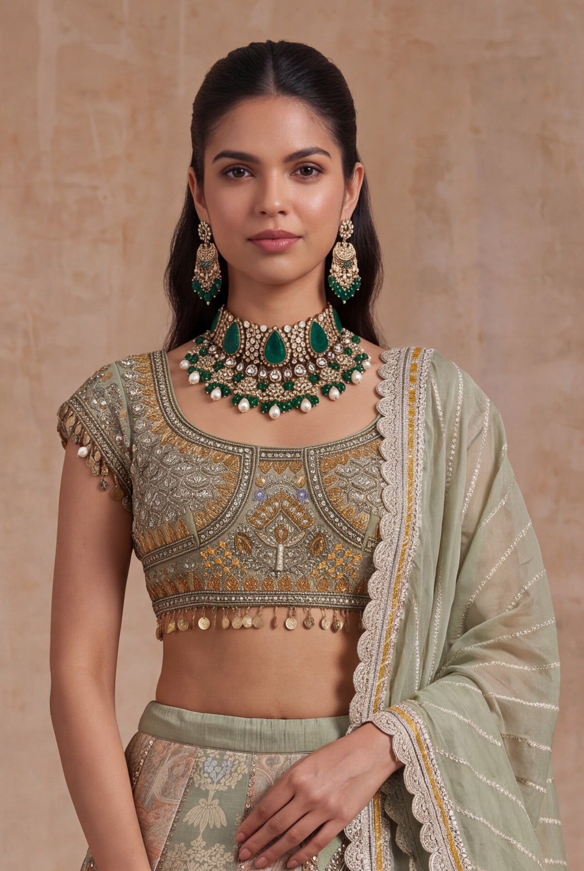 Light Green & Mustard Banarasi Printed Lehenga