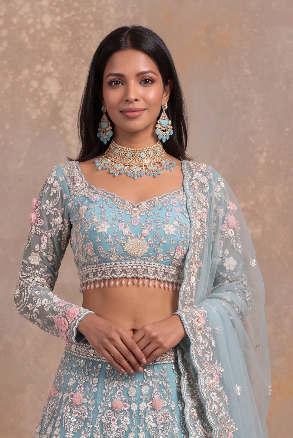 Sea Blue Net Lehenga Set with Sequin and Floral Applique Work
