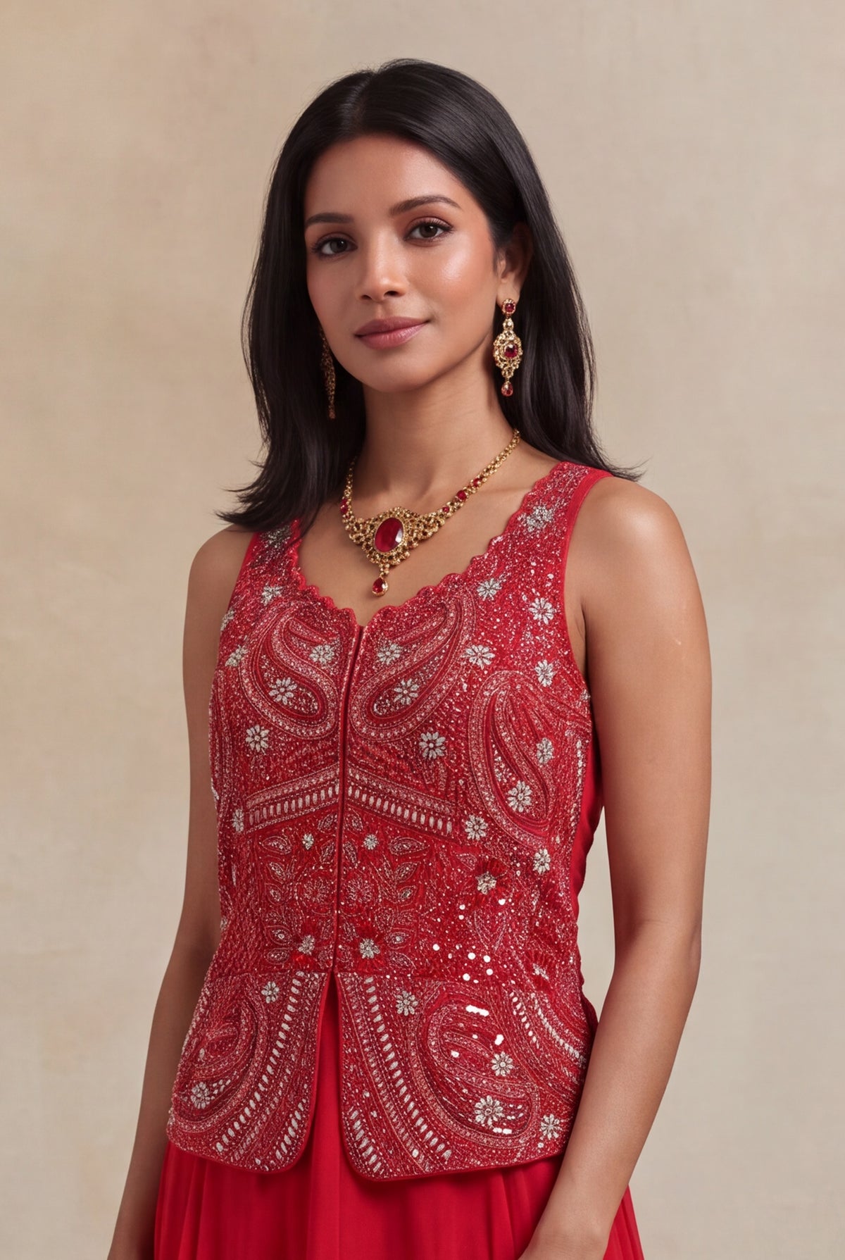 Red Sequins & Katdana Embroidered Jacket Gown