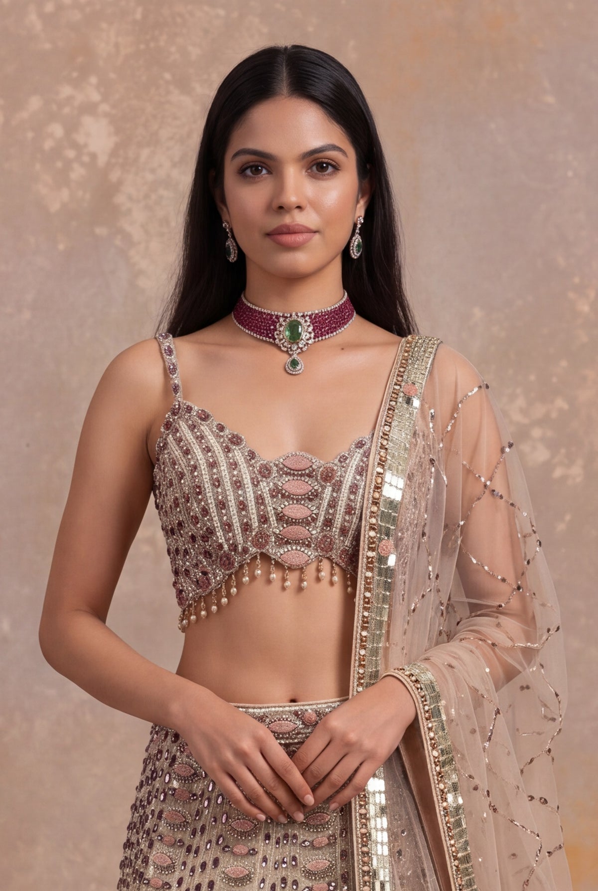 Light Peach Silk Lehenga Set with Stone and Pearl Embroidery