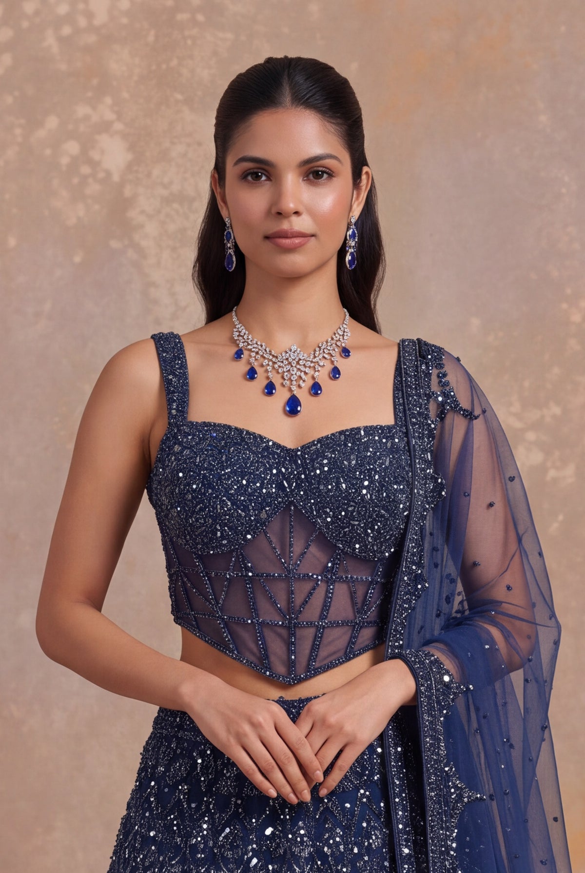 Navy Blue Net Corset Lehenga