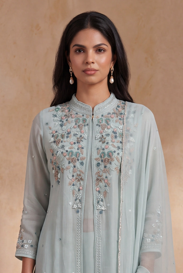 Powder Blue Crepe Indo-Western Sharara Set