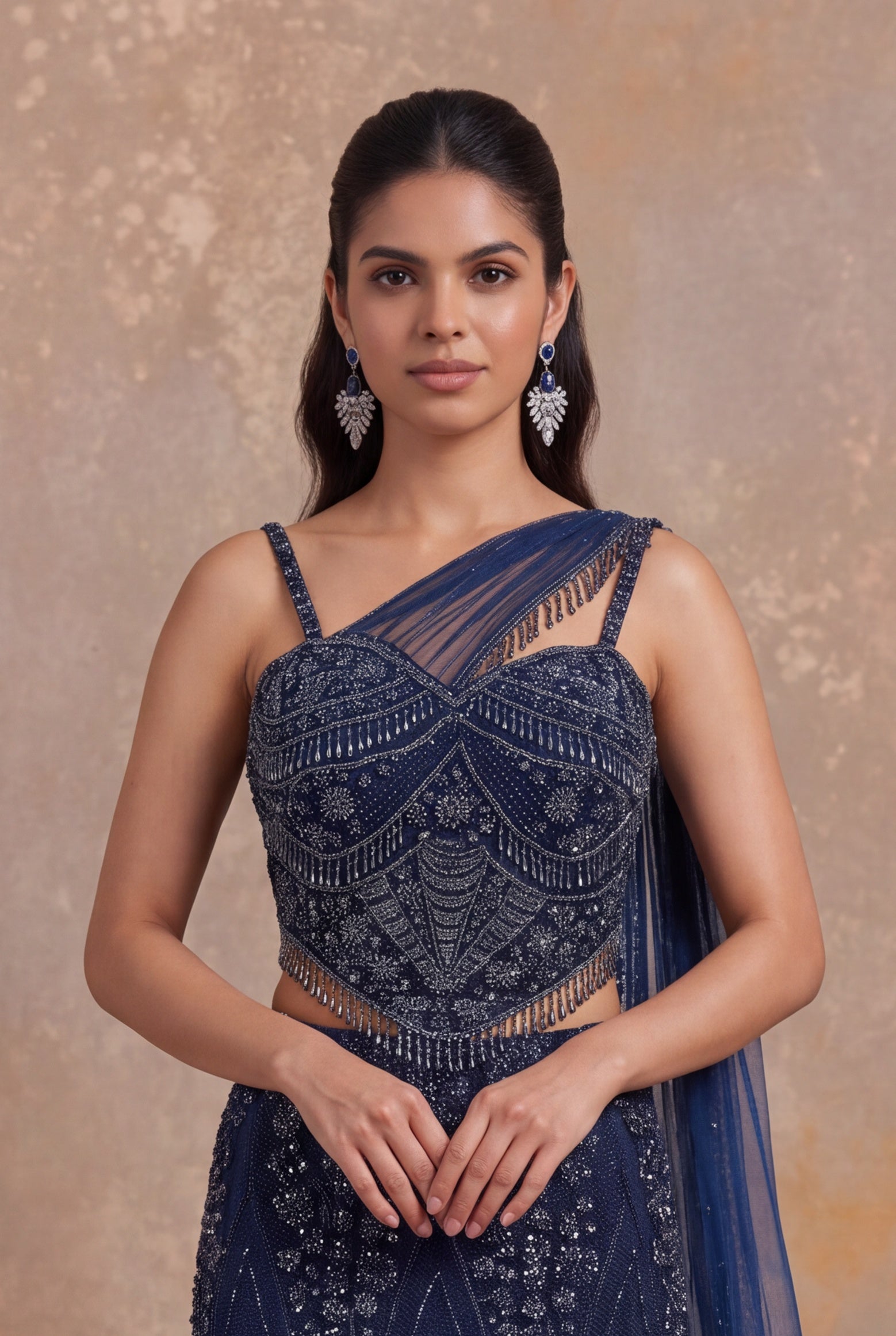 Navy Blue Net Lehenga with Corset Blouse and One-Shoulder Drape