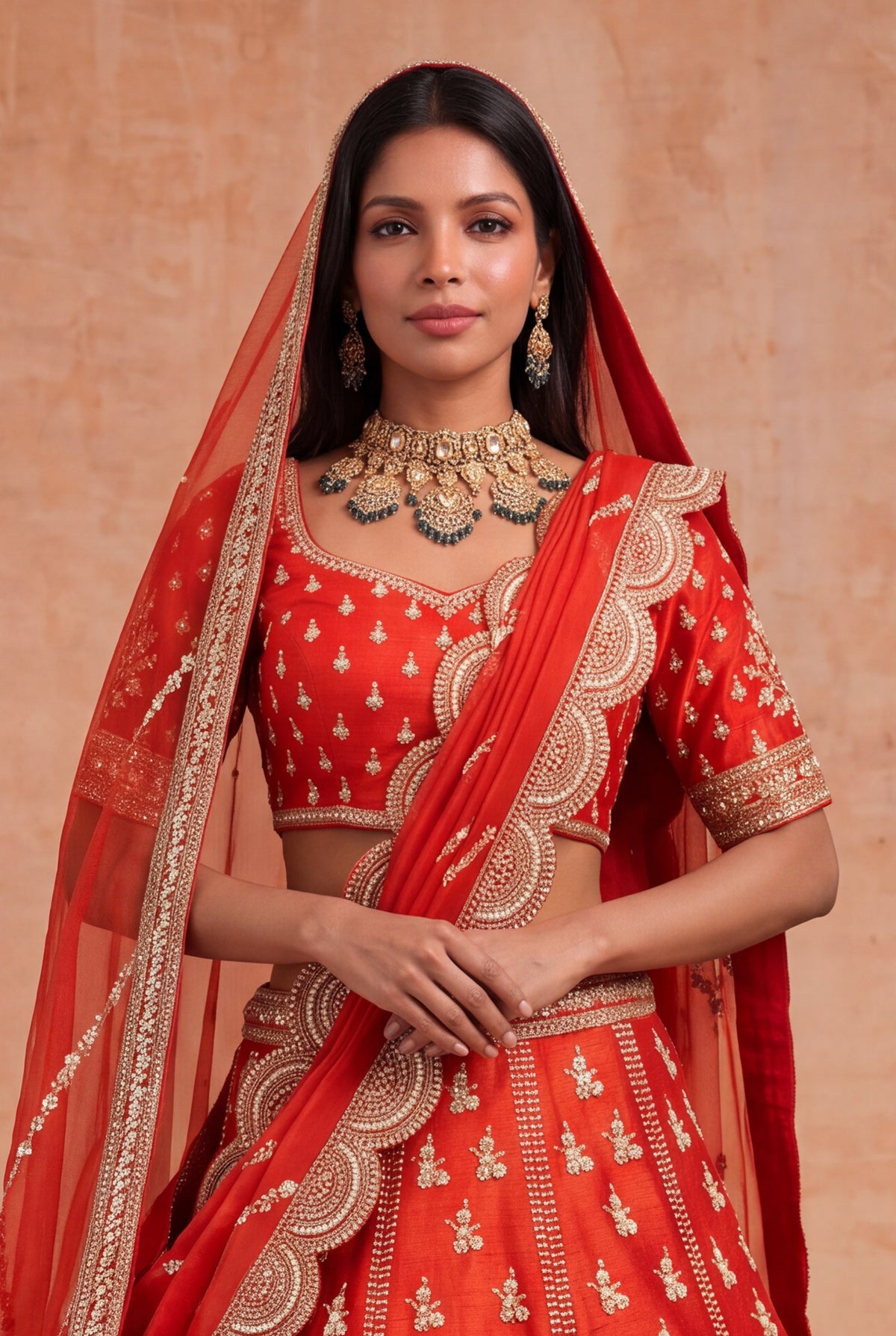 Rust Orange Raw Silk Lehenga