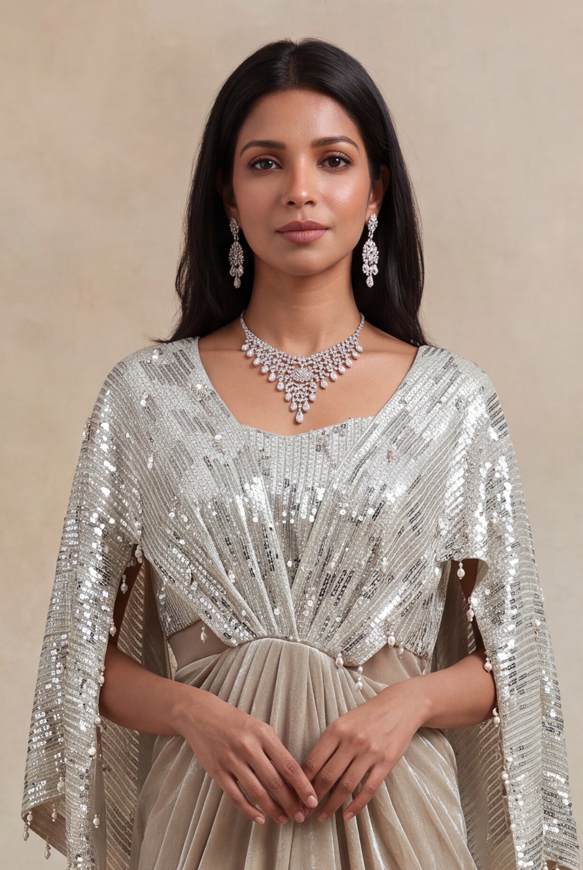 Champagne Silver Sequin & Pearl Draped Gown