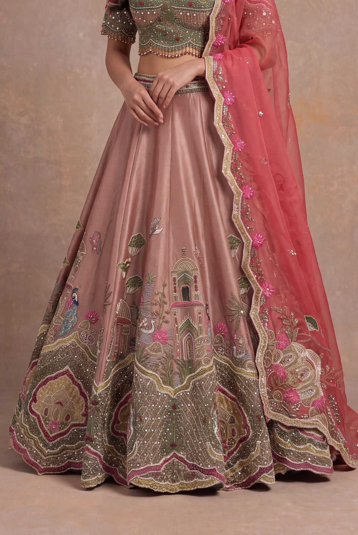 Dusty Rose Tissue Lehenga Set with Velvet Applique