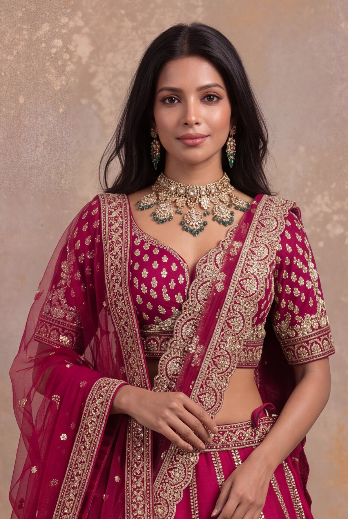 Magenta Pink Raw Silk Lehenga Set with Zardozi and Kundan Work
