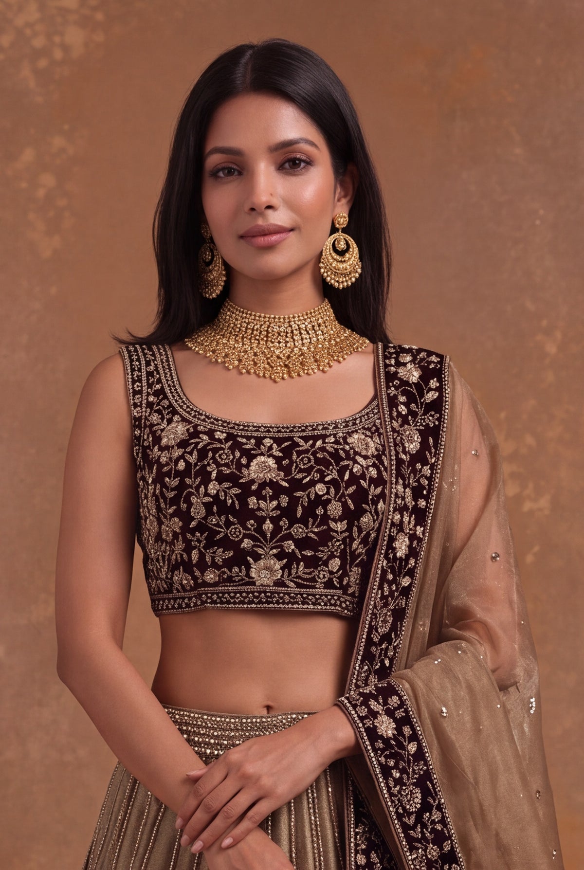 Tissue Lehenga with Maroon Velvet Blouse