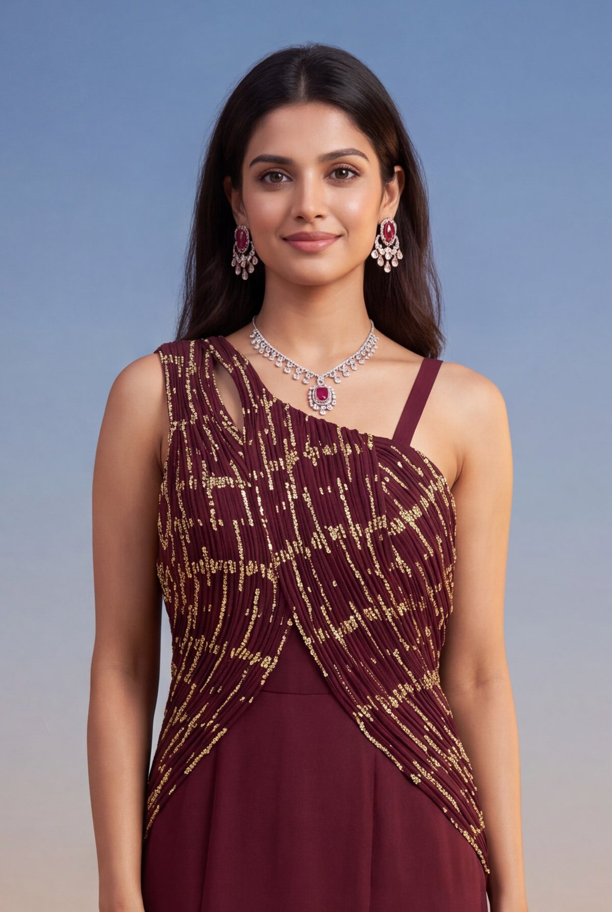 Wine Silk Banarasi Weave Western Gown
