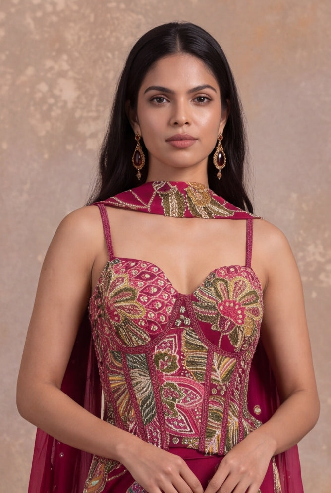 Rani Pink Organza Floral Embroidered Corset Lehenga