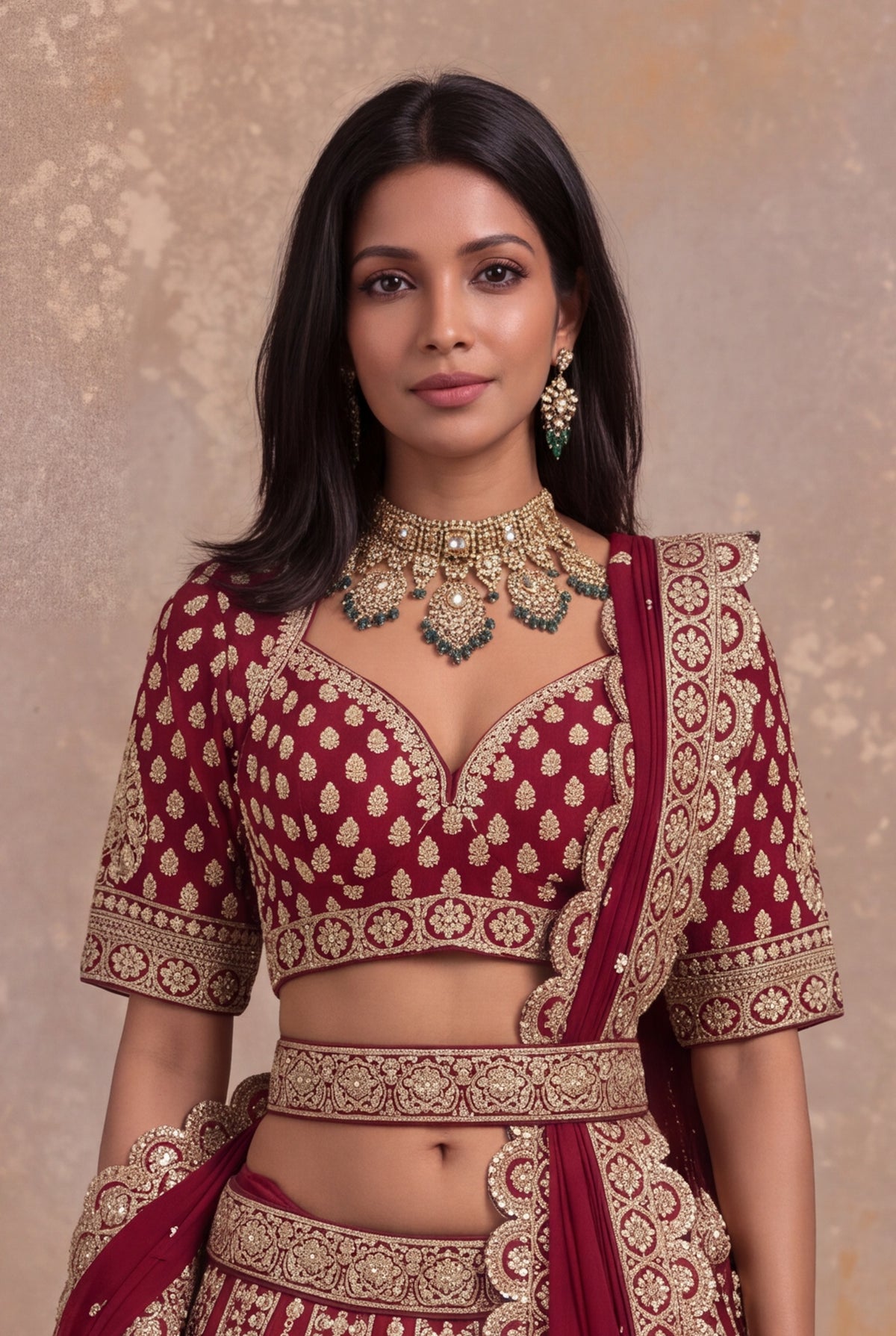 Maroon Raw Silk Lehenga Set with Zari and Pearl Embroidery