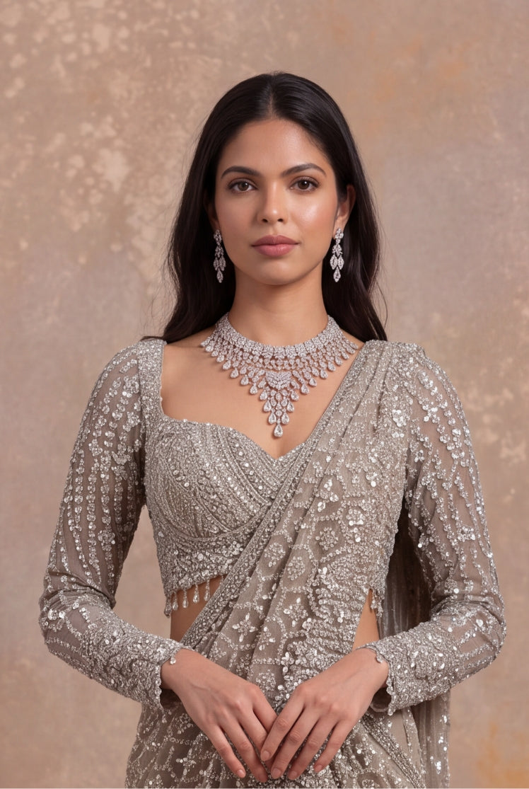 Beige Embellished Net Pre-Draped Saree