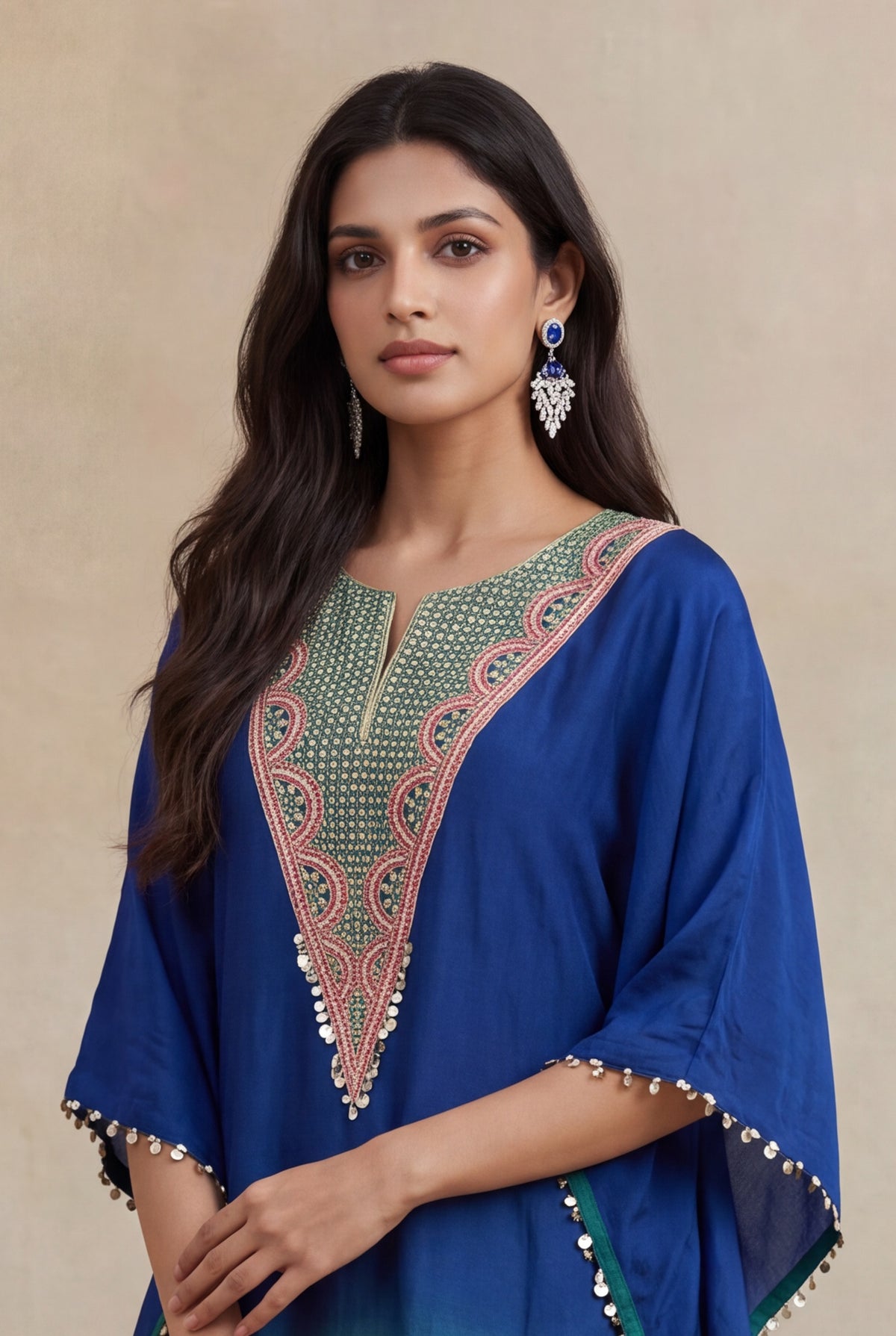 Blue & Emerald Raw Silk Embellished Kaftan Set