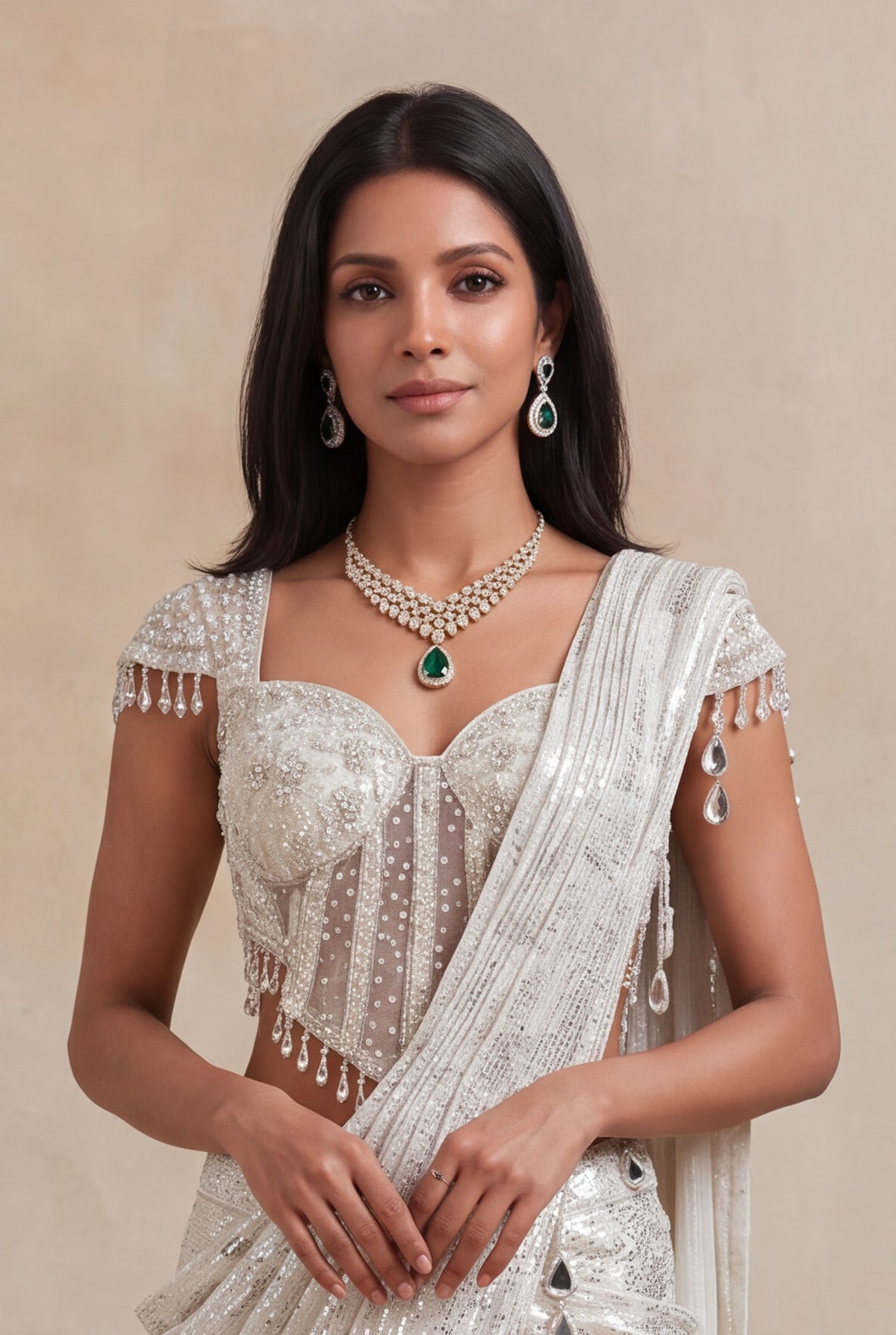 Ivory Net Drape Saree with Embellished Corset Blouse