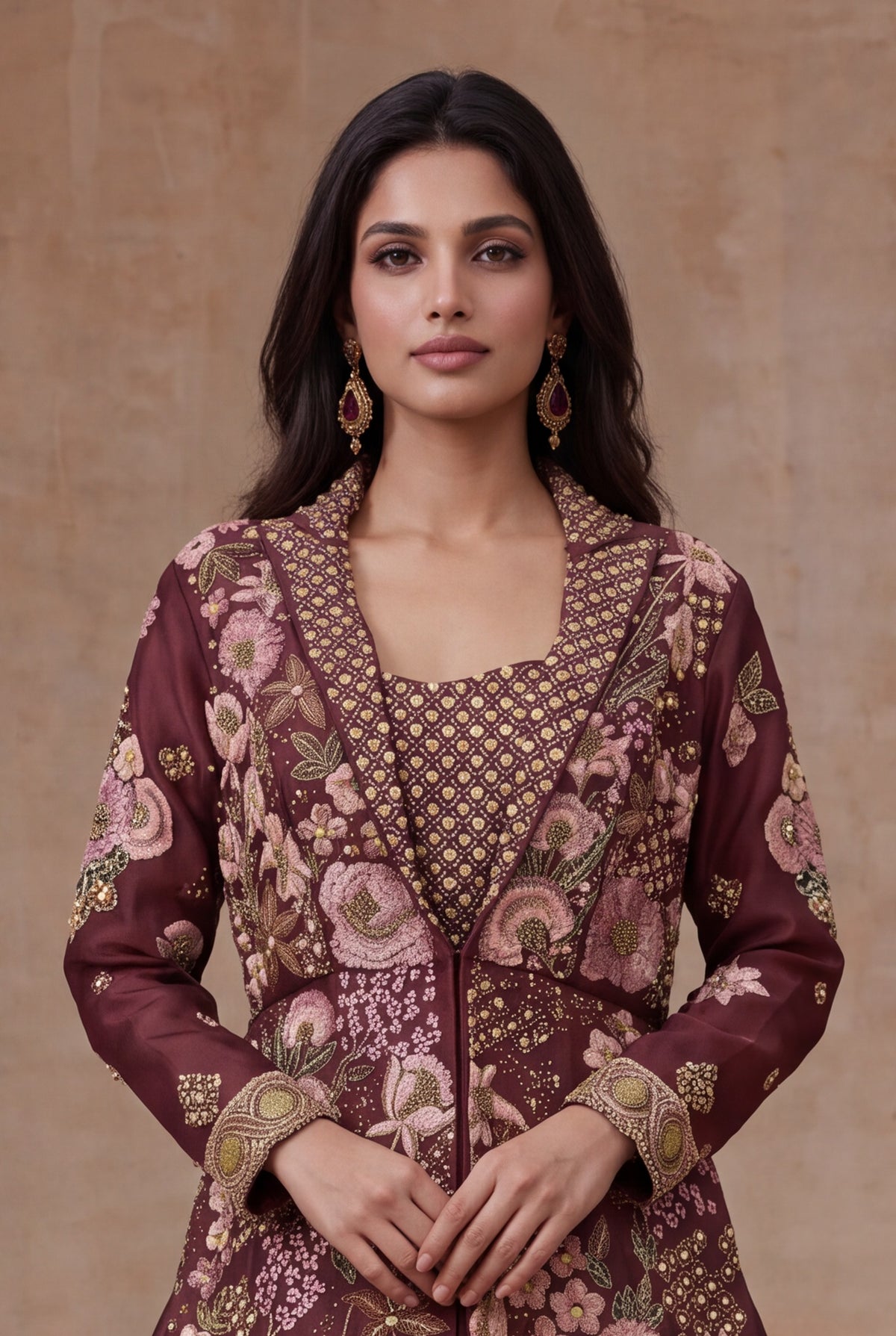 Wine Mauve Raw Silk Jacket Lehenga with Floral Embroidery