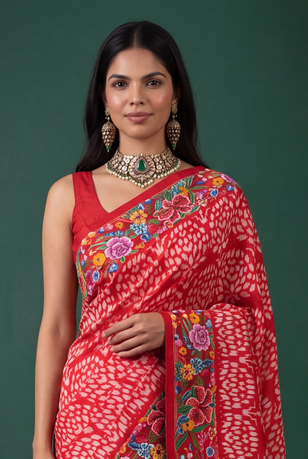 Red Ikat Silk Saree with Petit Point Border