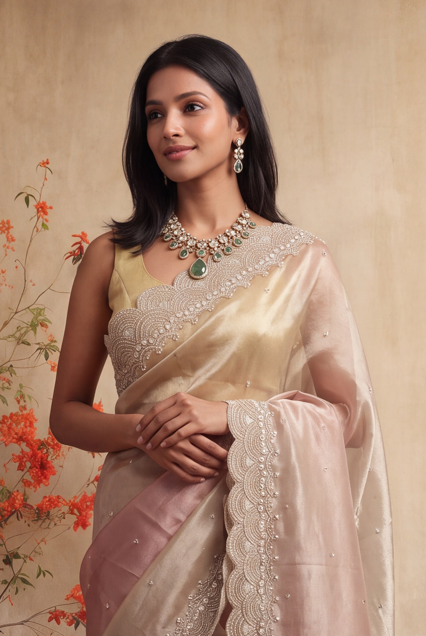 Shaded Glass Tissue Saree with Beaded Scallop Border