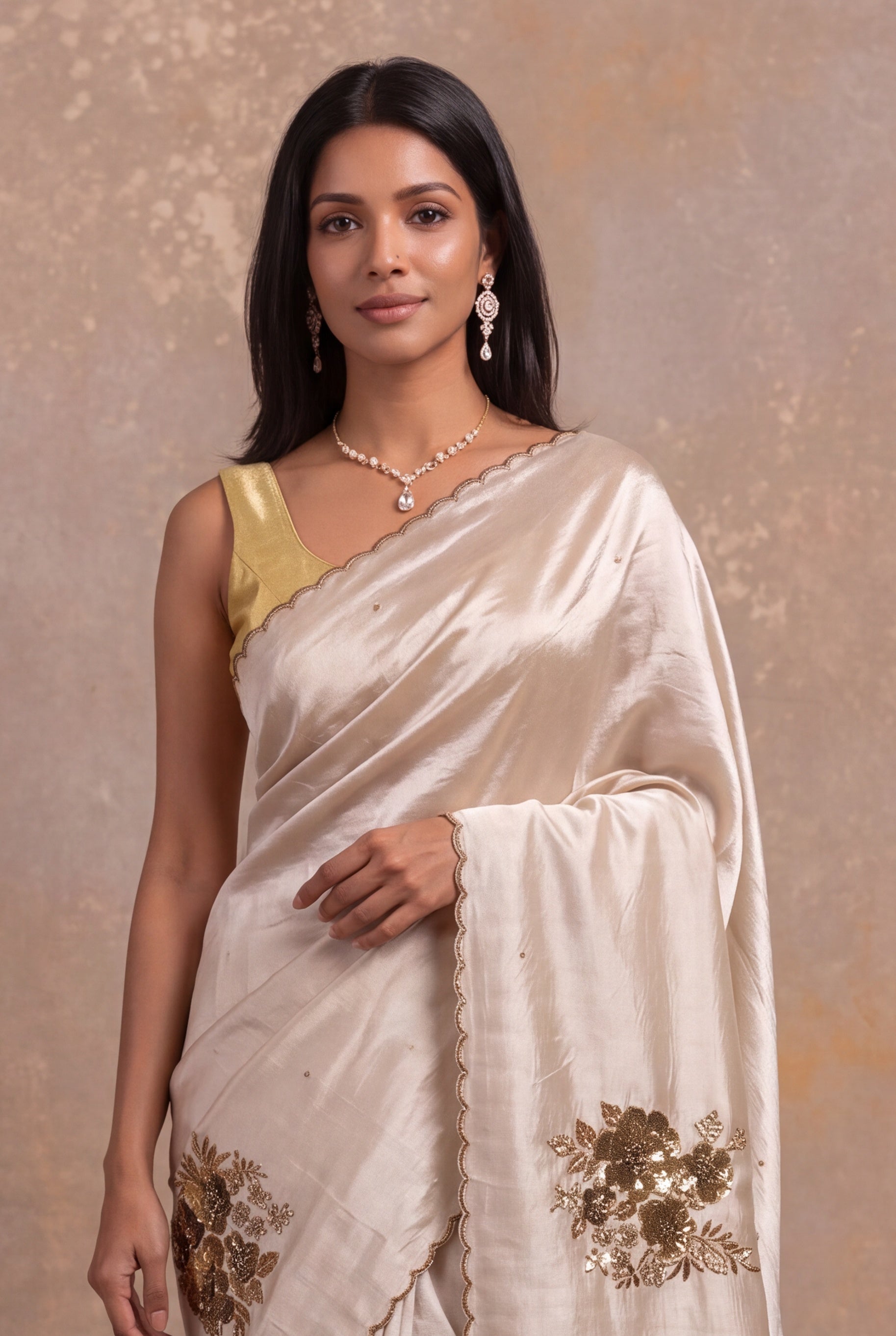 Ivory Silk Saree with Antique Sequin & Bead Floral Work