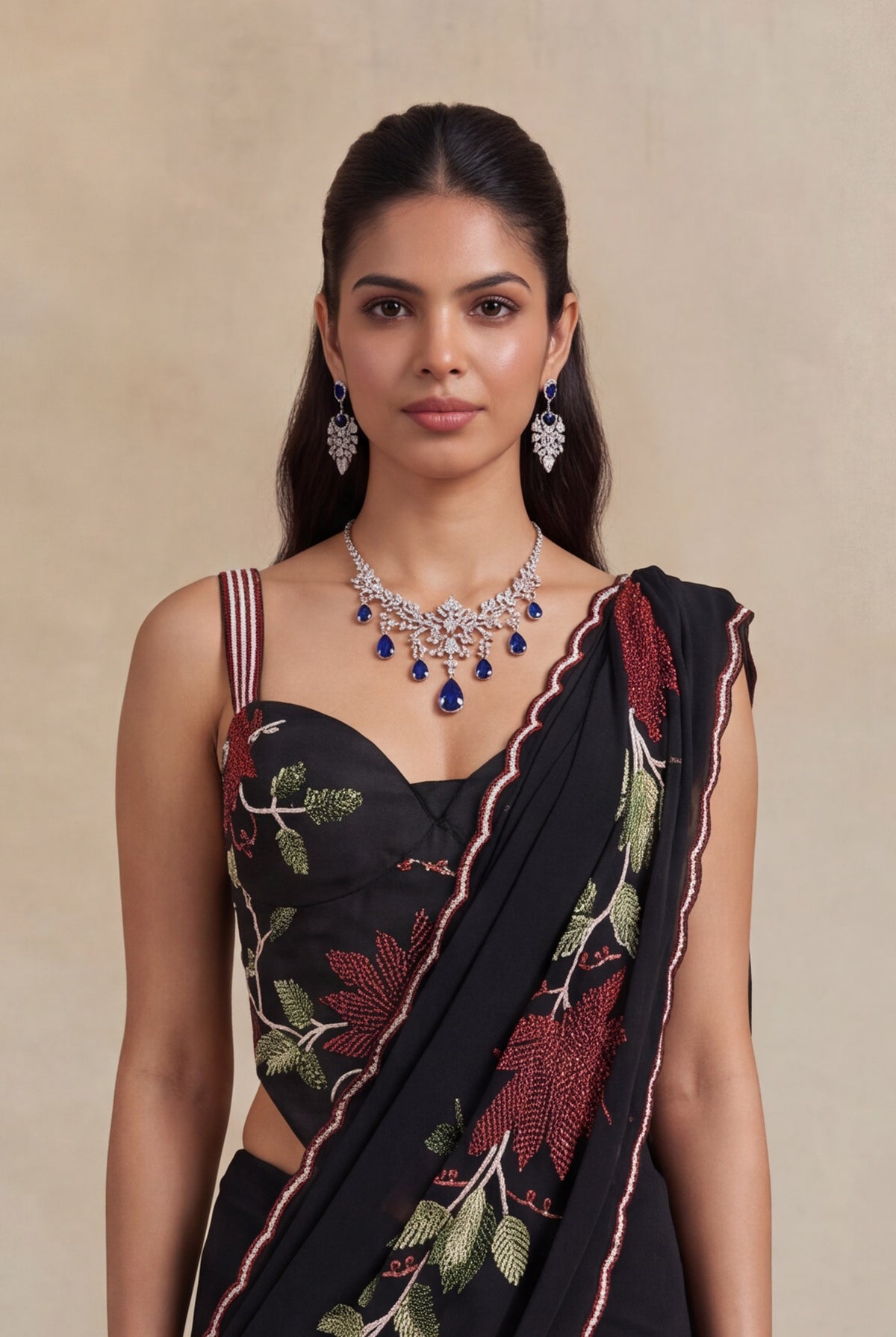 Black Georgette Draped Saree with Floral Sequin Work