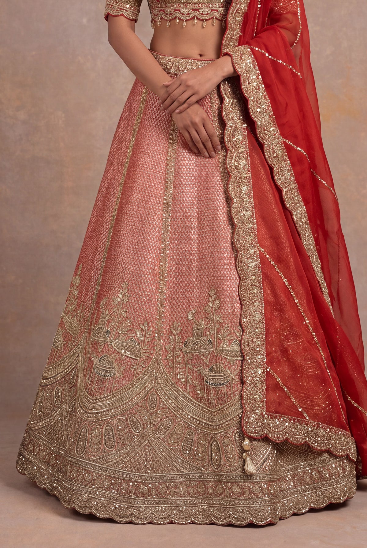Rust Orange Banarasi Tissue Lehenga Set with Zardozi Embroidery