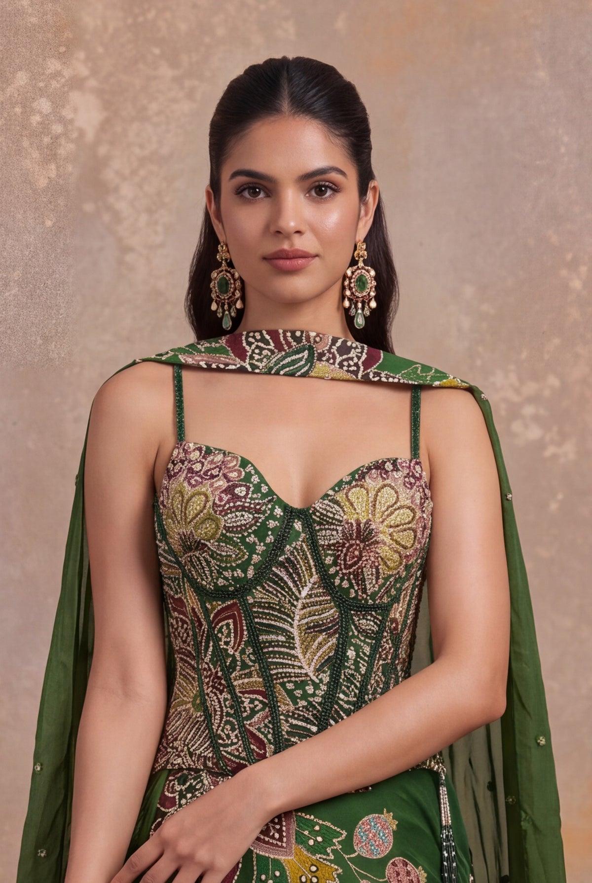 Forest Green Organza Floral Embroidered Corset Lehenga