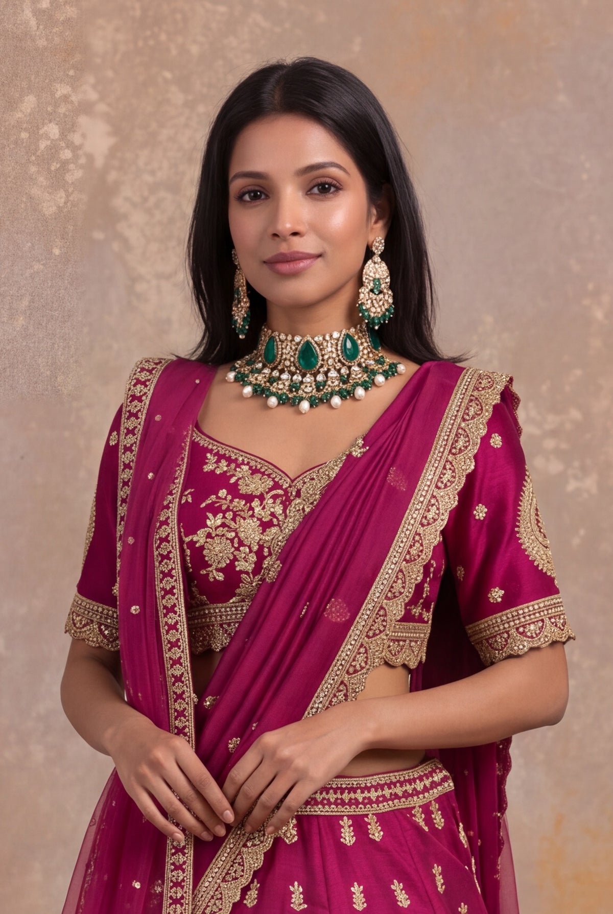 Magenta Raw Silk Lehenga Set with Zardozi and Kundan Work