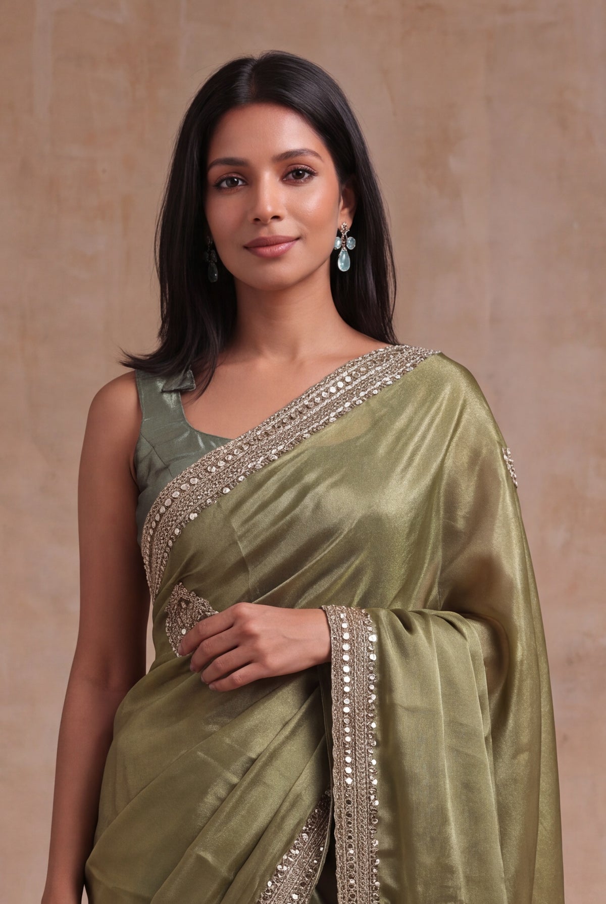 Olive Green Organza Saree with Gold Embellishments