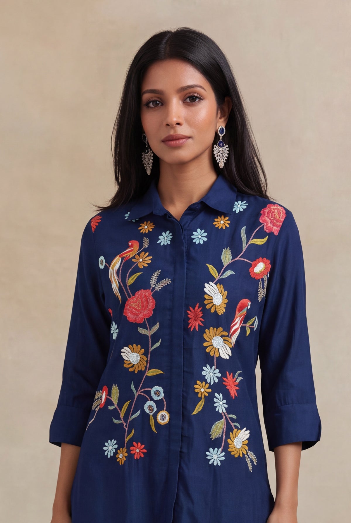 Navy Blue Silk Co-ord Set with Multicolour Embroidery