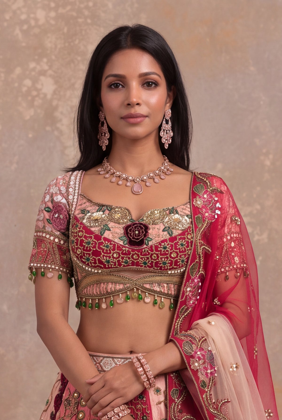 Multicolour Pink Raw Silk Embroidered Lehenga