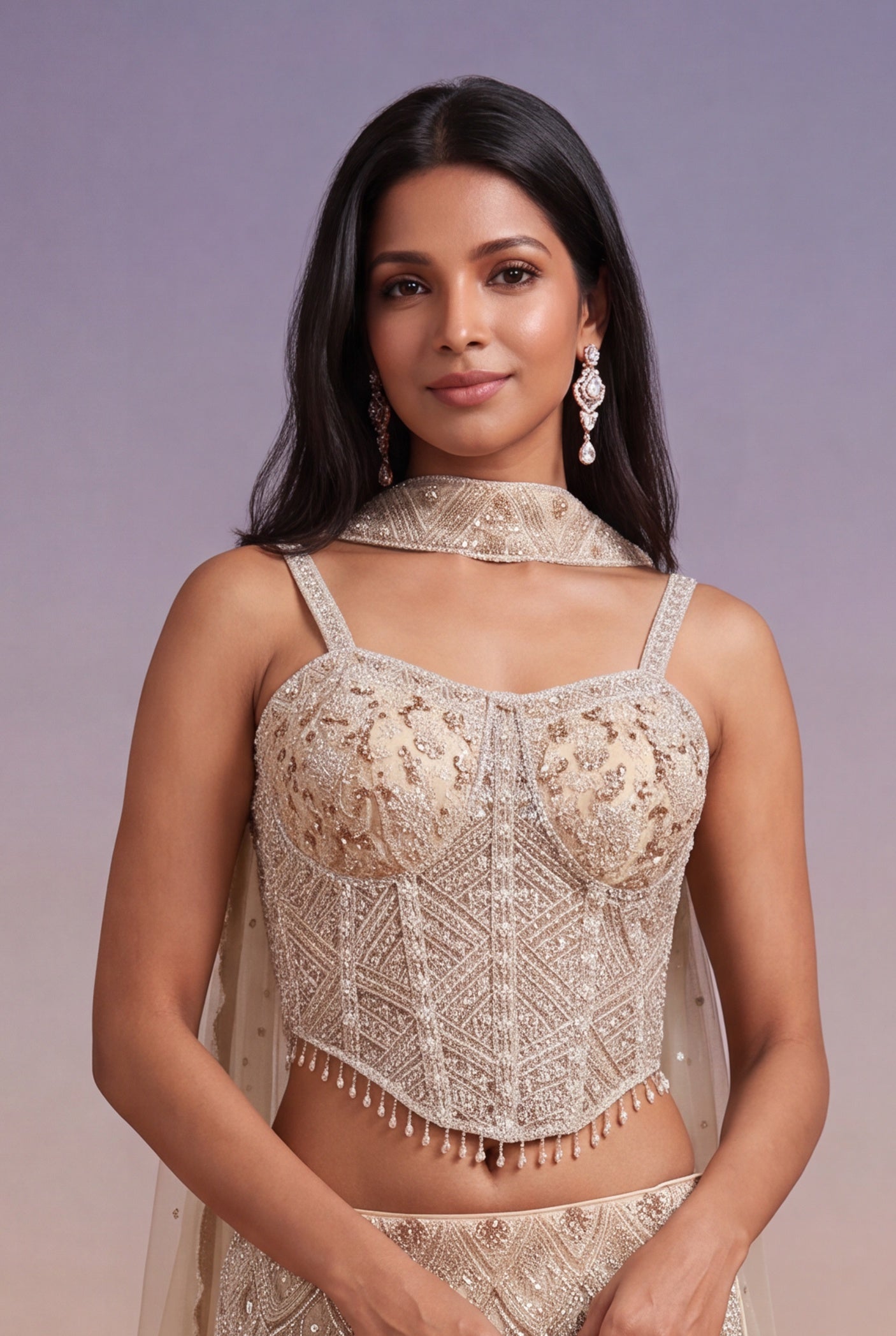 Champagne Net Lehenga with Corset Blouse and Sequin-Kutdana Embroidery